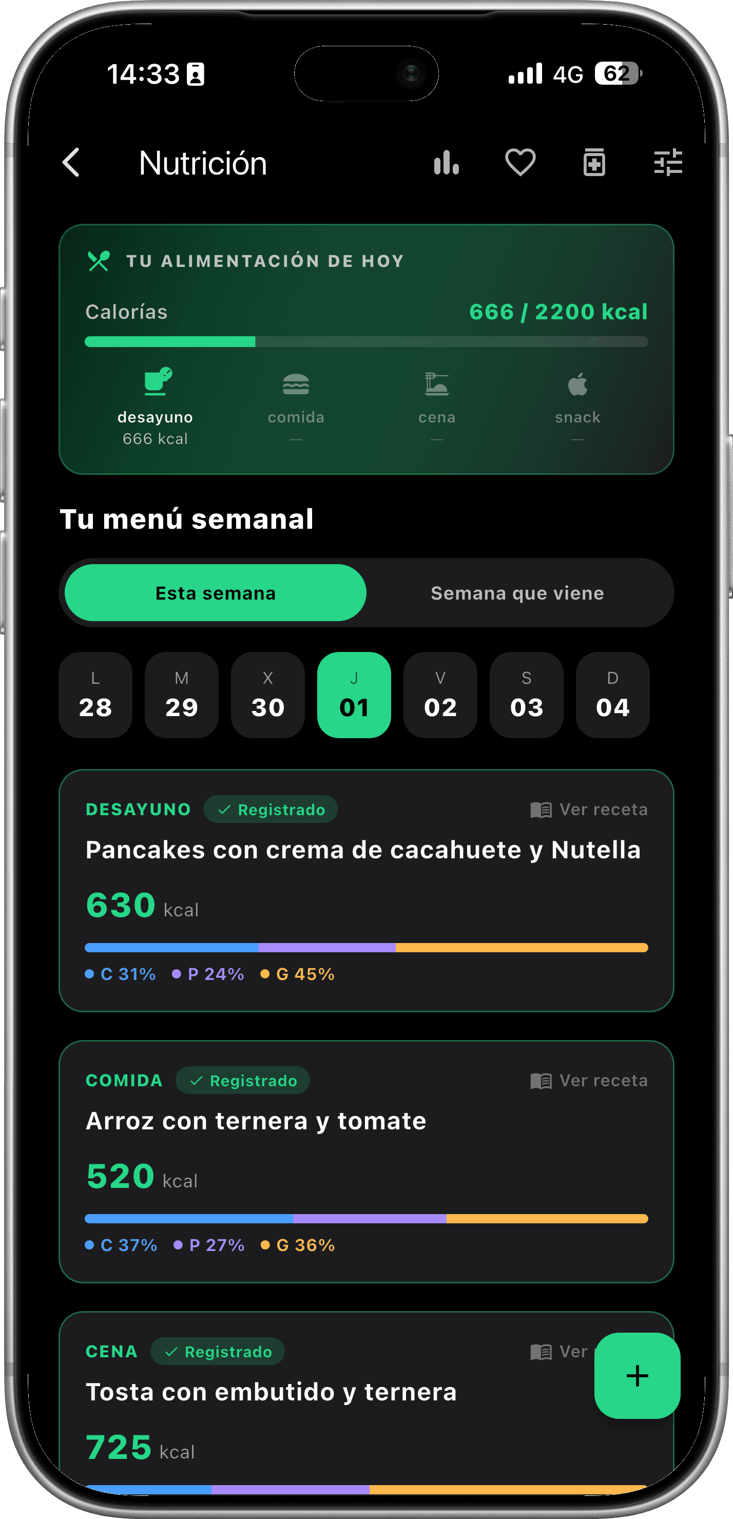 Pantalla de Nutrición IA con el menú semanal generado por IA