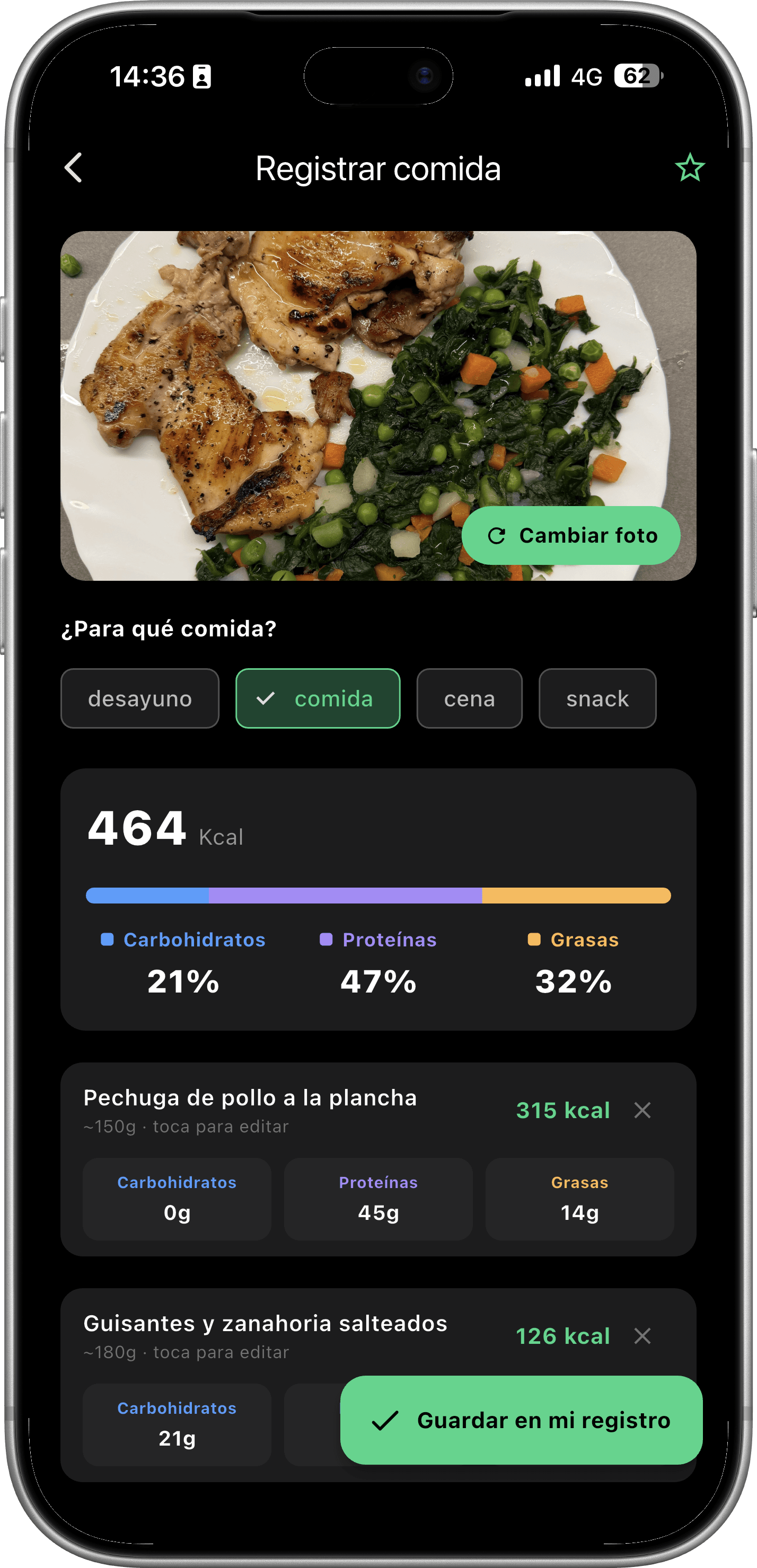 Pantalla de Nutrición IA registrando una comida por foto