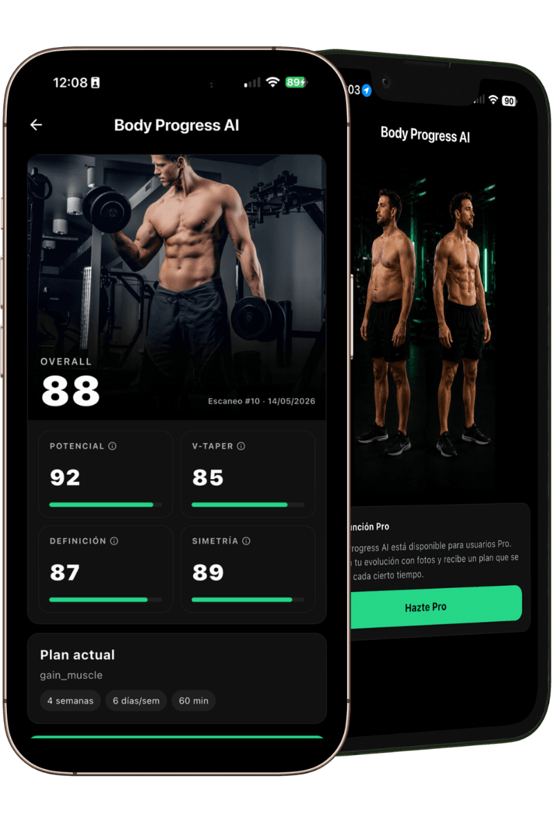 Pantalla de Body Progress AI con análisis y plan personalizado